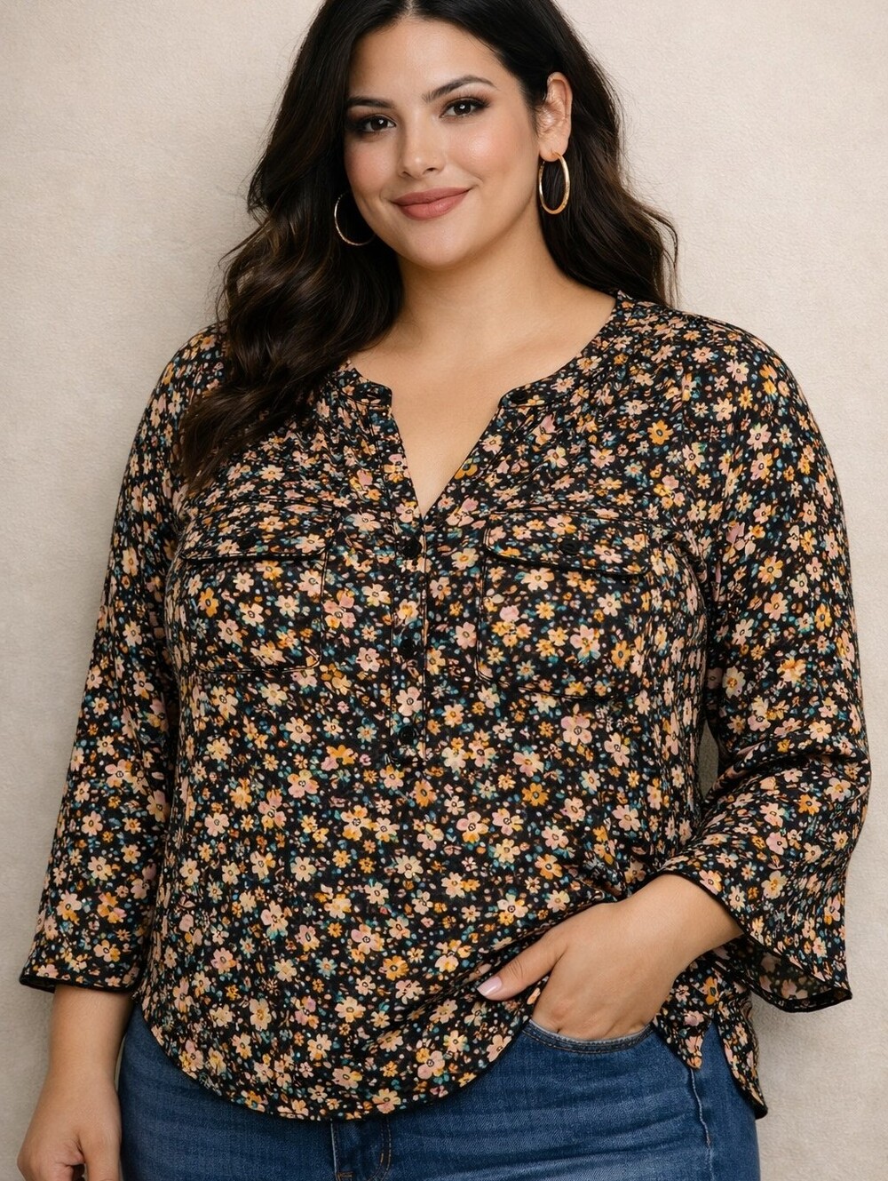 torrid Black Floral Button-Front Blouse with Pink, Yellow and Teal Accents